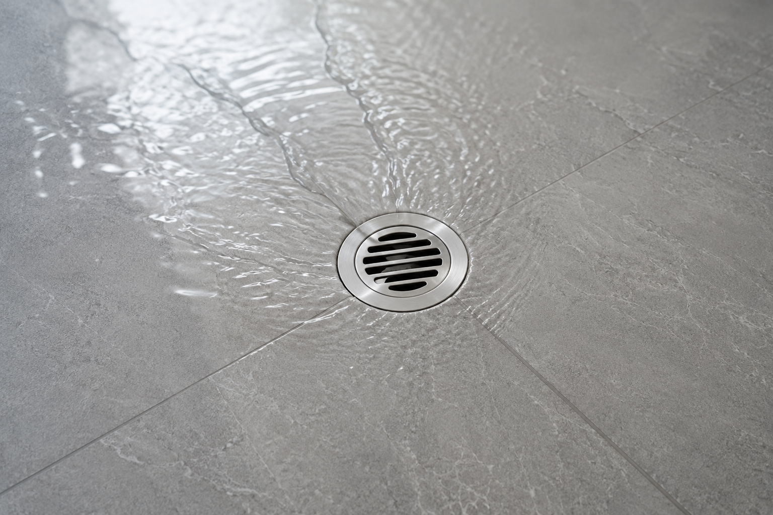 water draining freely from a clean shower drain in a Perth bathroom